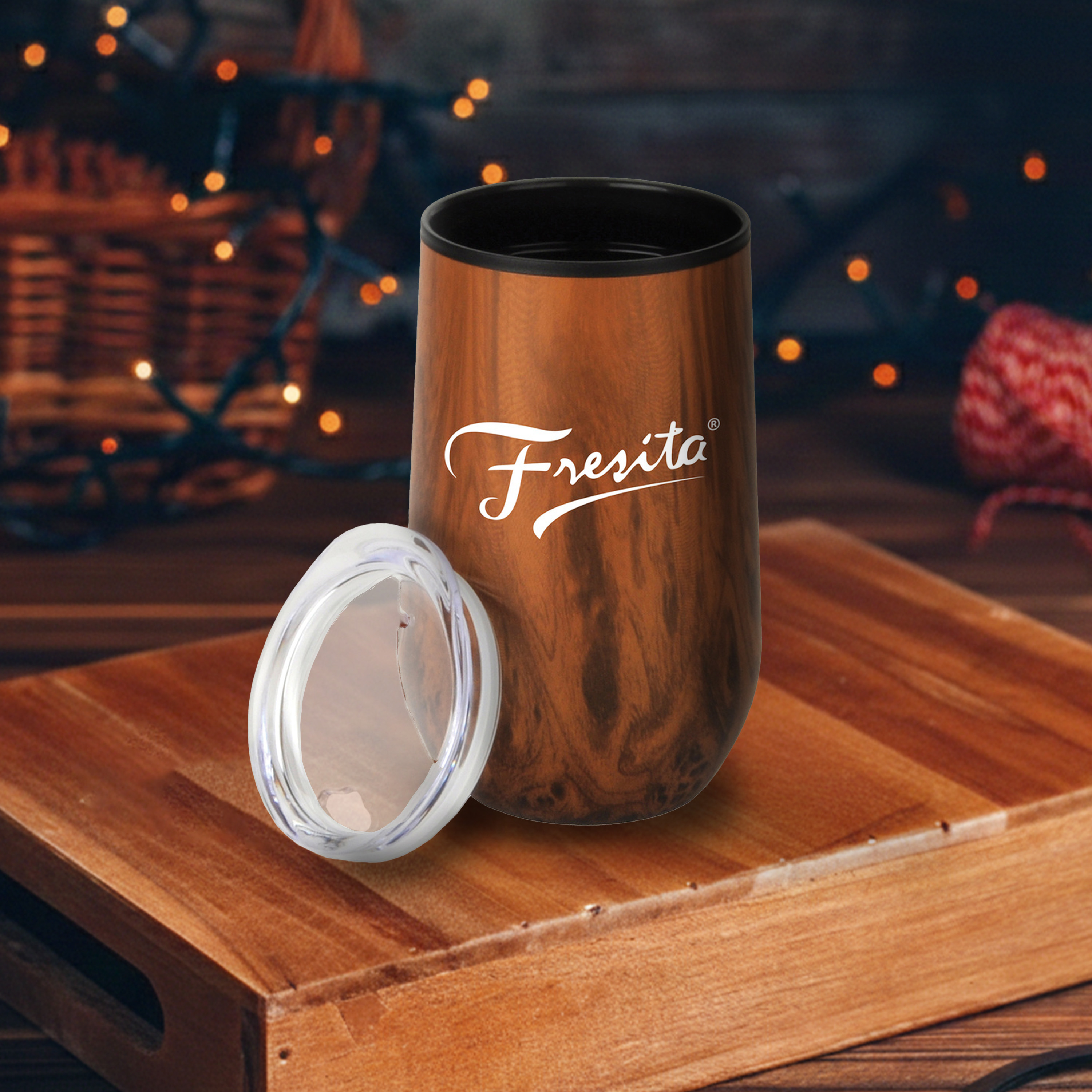 14 oz Wood Tone Economy Stainless Steel Stemless Wine With Plastic Liner